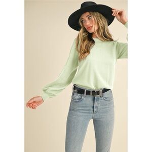 1143 • Matcha Cream Knit Balloon Sleeve Sweater Top w/Pointelle Details
